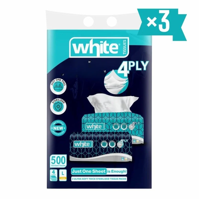 White Flexi Mouchoirs 4 Plis Grand Format 500 Feuilles x3