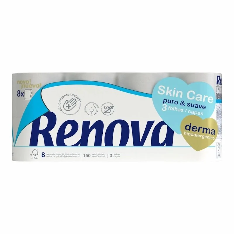RENOVA SkinCare Papier Toilette Hypoallergenique 3 Plis Pack de 8 Rouleaux